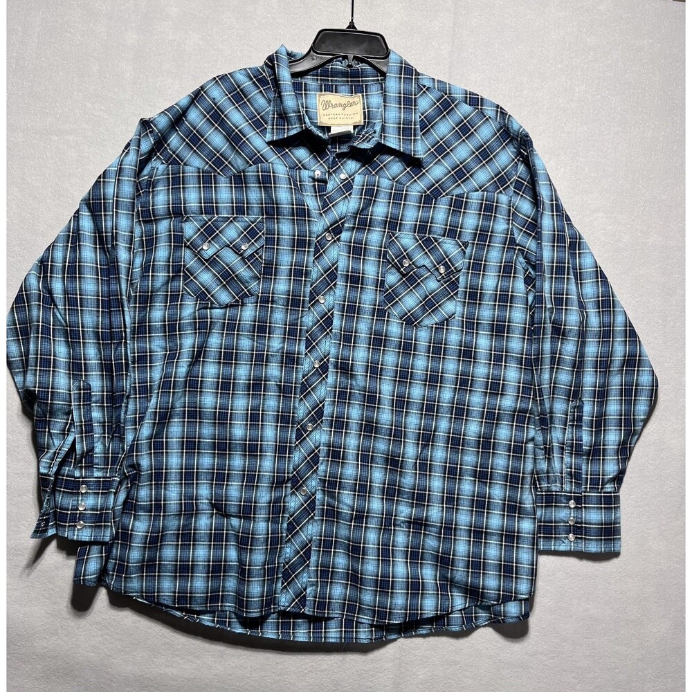 Wrangler Western Snap Shirt Men’s 3XL Blue Black Plaid Pearl Snap Long Sleeve
